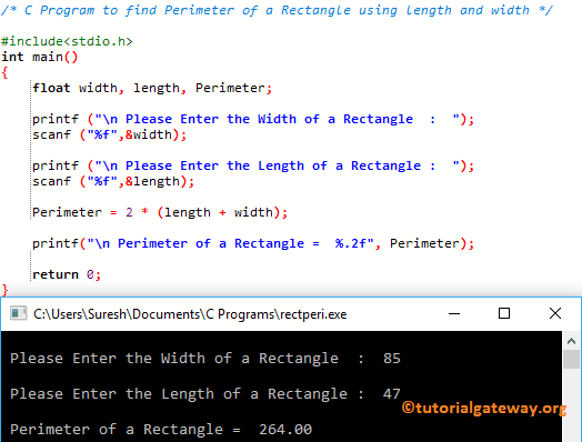 Program to find Perimeter of a Rectangle using length and width