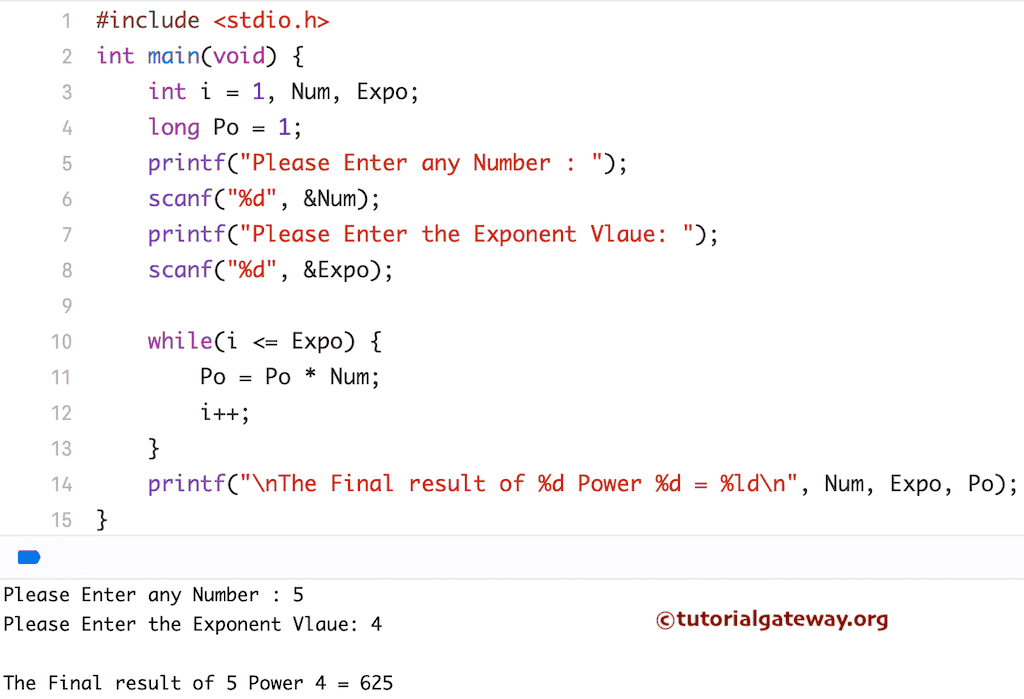 Program to find Power of a Number using While Loop