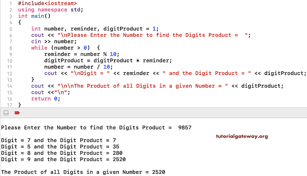 C++ Program to find Product of Digits in a Number