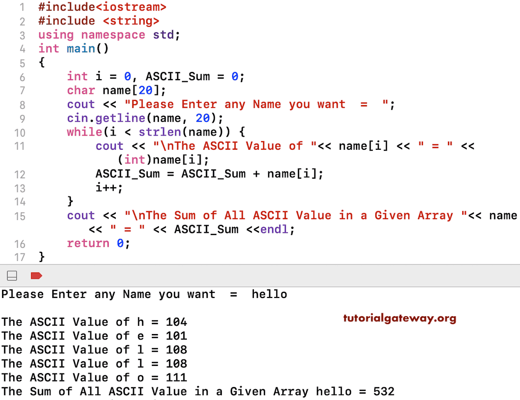 C++ Program to find Sum of ASCII values in a Character Array