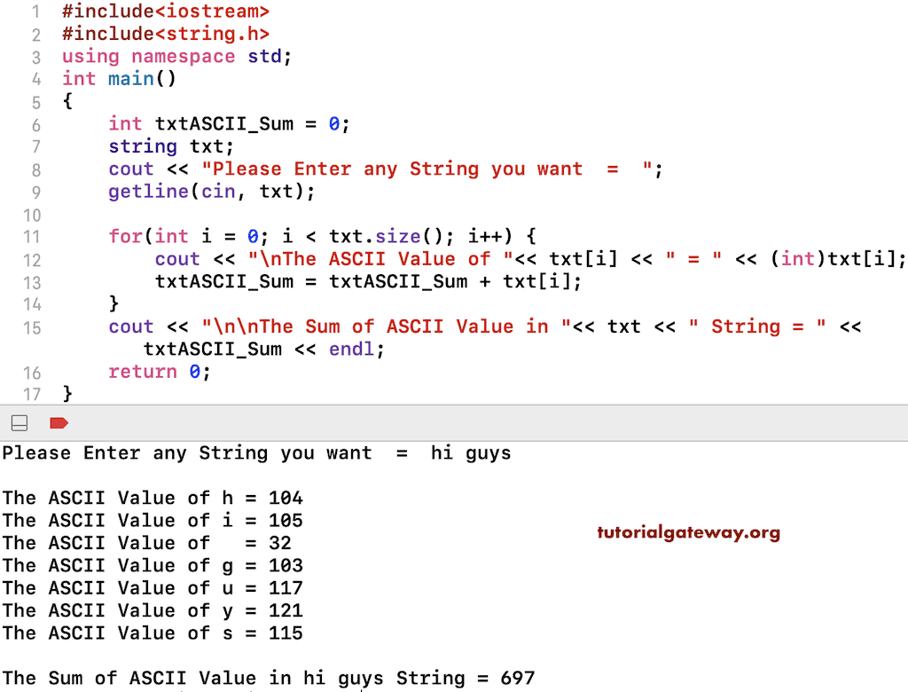 C++ Program to find Sum of ASCII values in a String