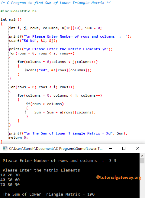 C Program to find Sum of Lower Triangle Matrix 1