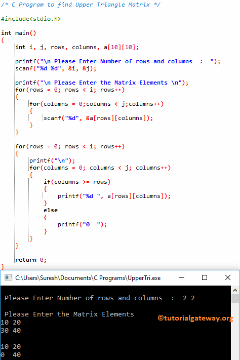C Program to find Upper Triangle Matrix 1