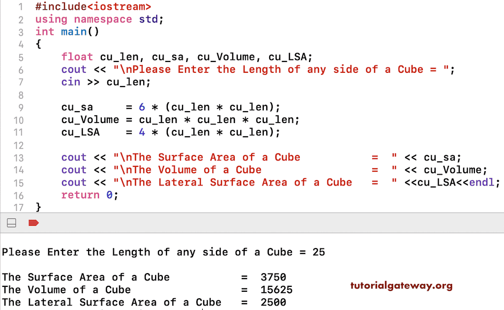 C++ Program to find Volume and Surface Area of a Cube