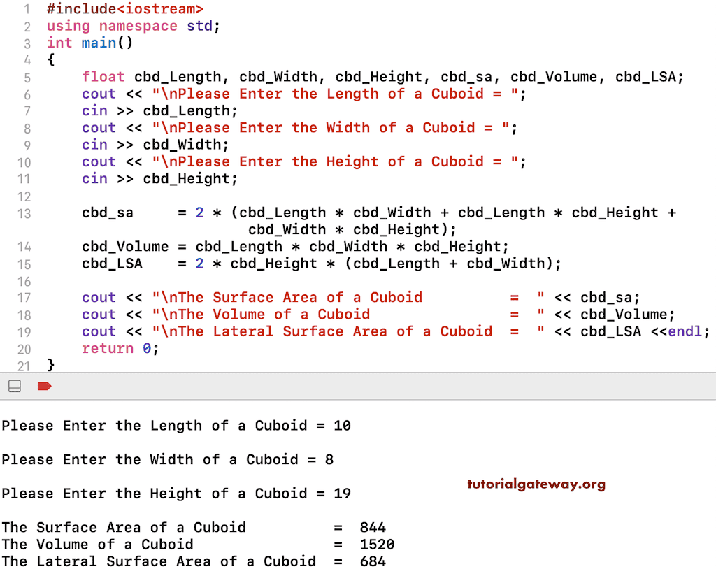 C++ Program to find Volume and Surface Area of a Cuboid