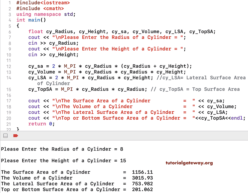C++ Program to find Volume and Surface Area of a Cylinder