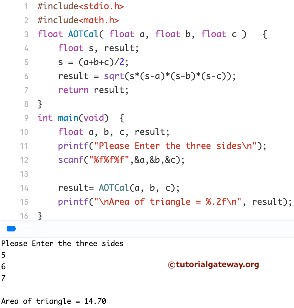 Program to find the Area of a Triangle using functions