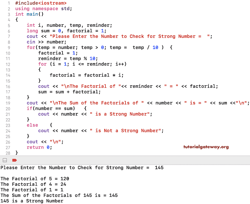 C++ Program to find the Strong Number Example