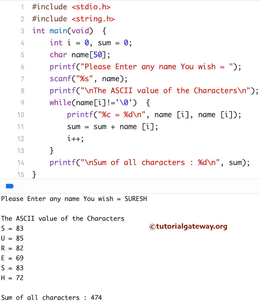 C Program to find the Sum of ASCII values of Characters in a String