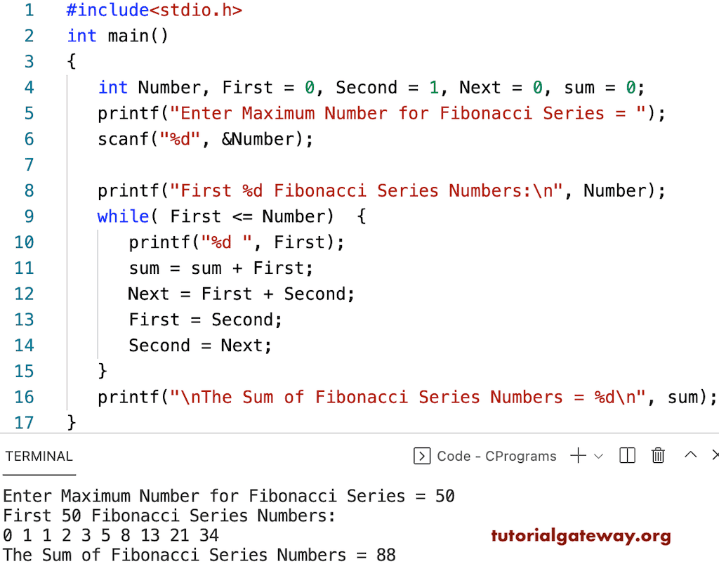 Program to find the Sum of Fibonacci Series Numbers