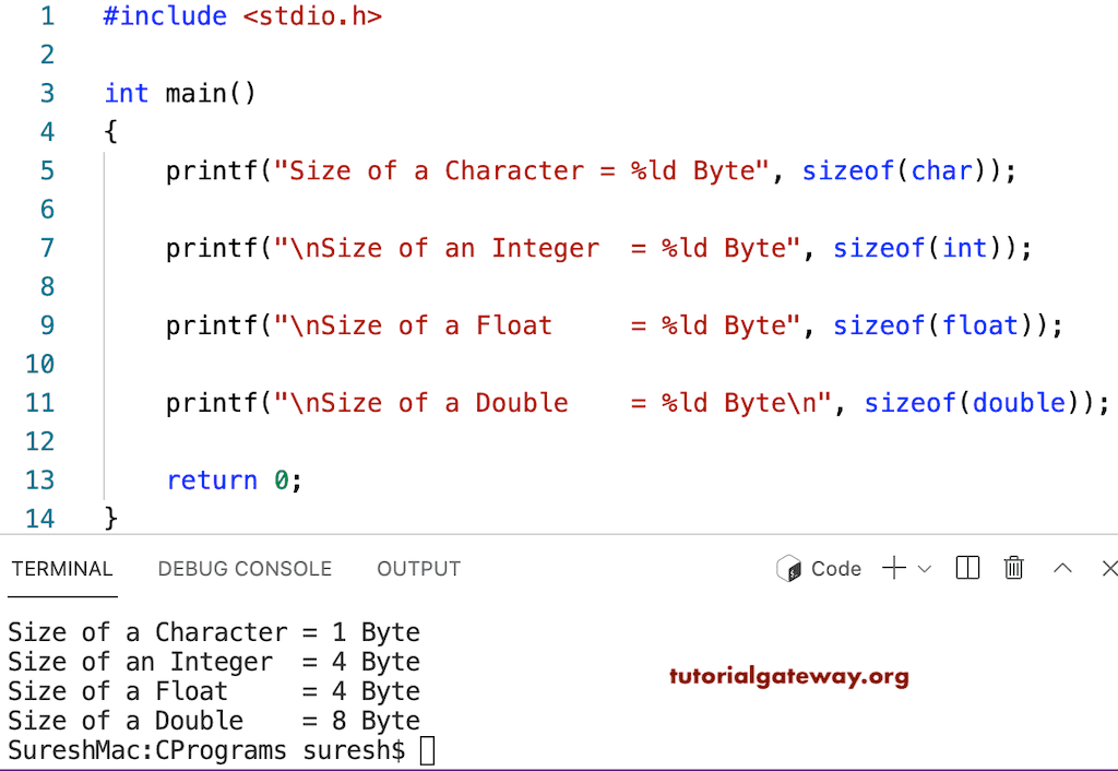 C Program to find the size of int float double and char