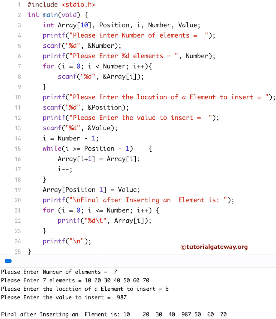 Program to insert an Element in an Array using While Loop