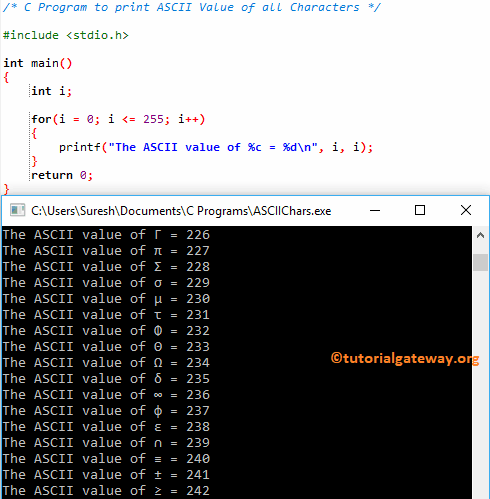 C Program to Print the ASCII Value of all Characters