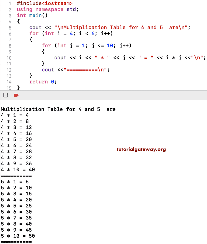 Program to print Multiplication Table