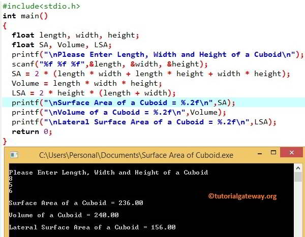 C Program to find Volume and Surface Area of a Cuboid