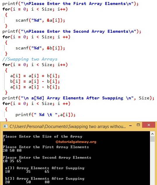 C Program to Swap Two Arrays Without Using Temp Variable