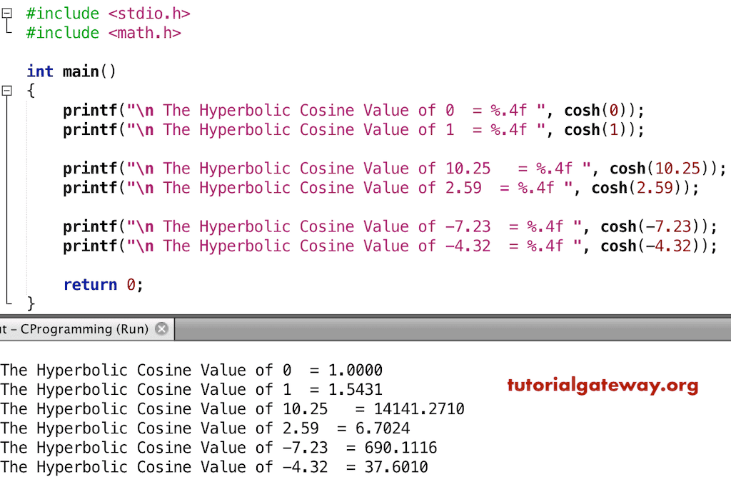 C cosh Function to find the Hyperbolic Cosine Value
