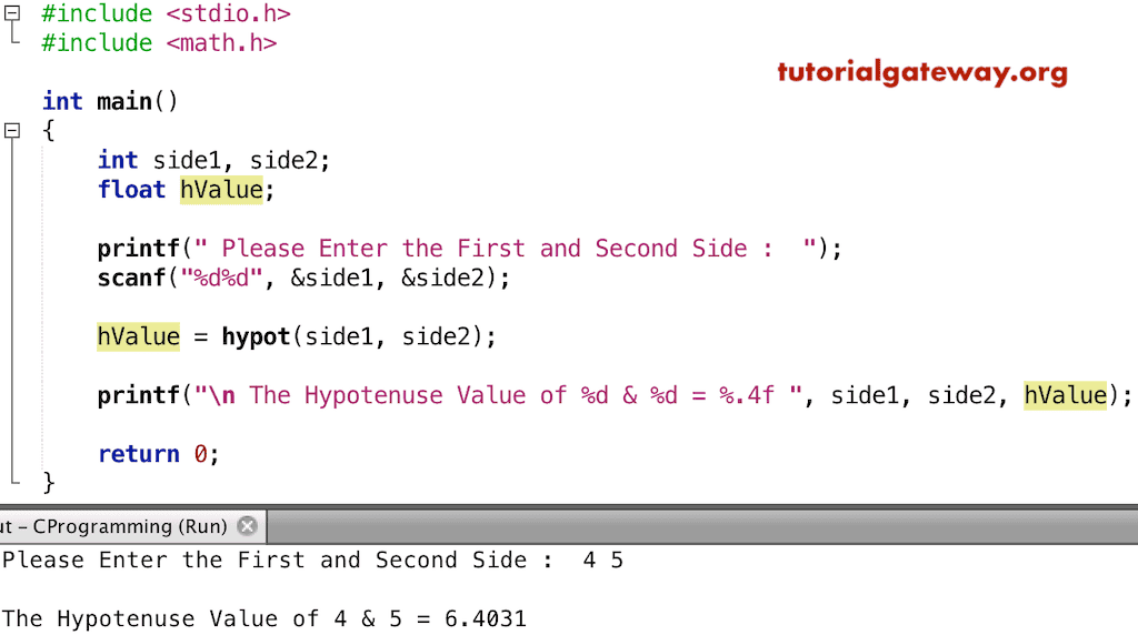 C hypot Function Example
