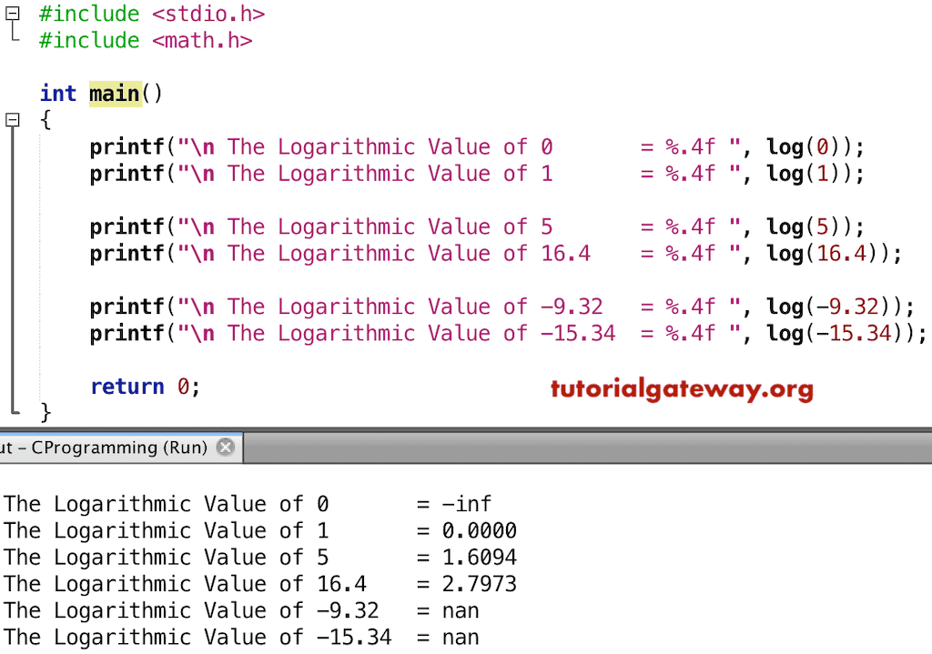 C log Function to find the Natural Logarithmic Value Example