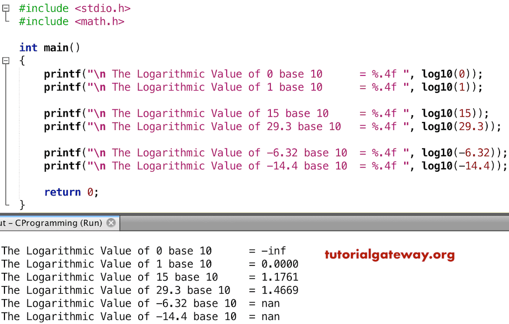C log10 Function to find the base 10 logarithmic value