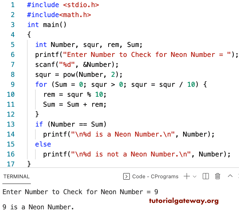 C program to Check a Number is a Neon Number