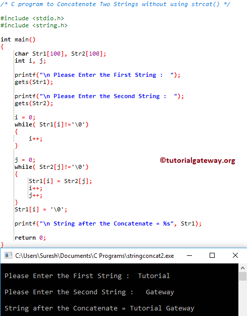 C program to Concatenate Two Strings without using strcat 2
