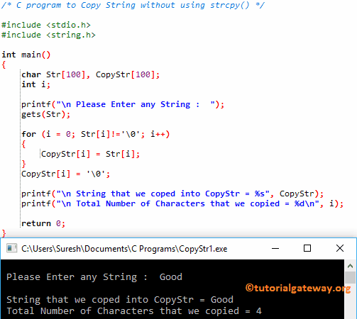 C program to Copy String without using strcpy 1