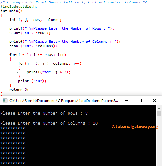 C program to Print 1 and 0 in alternative columns 3