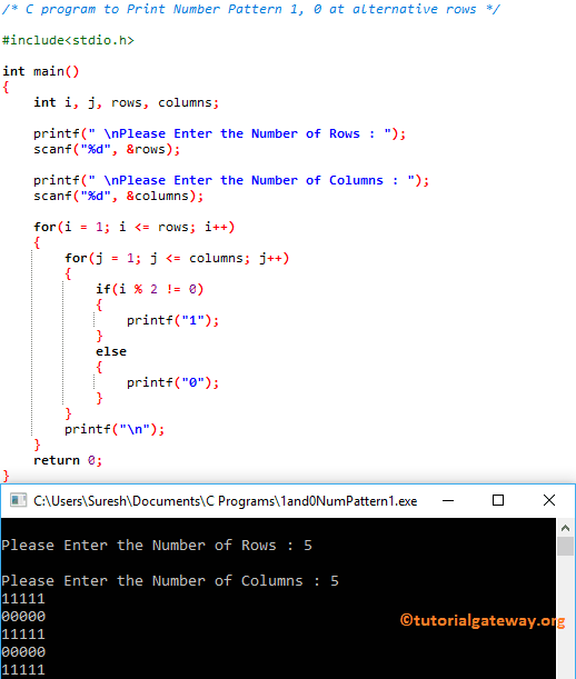 C program to Print 1 and 0 in alternative rows 1