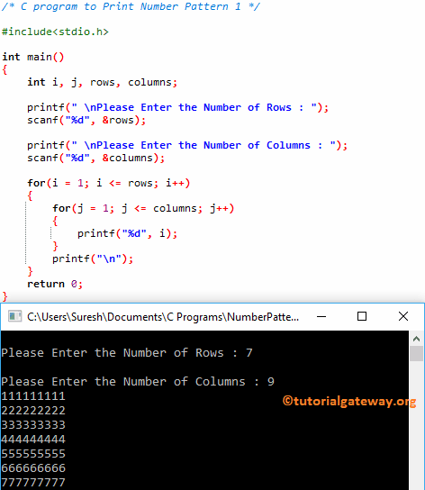 C program to Print Number Pattern 1 1