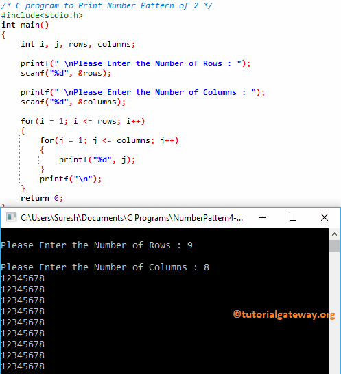 C program to Print Number Pattern 2 1