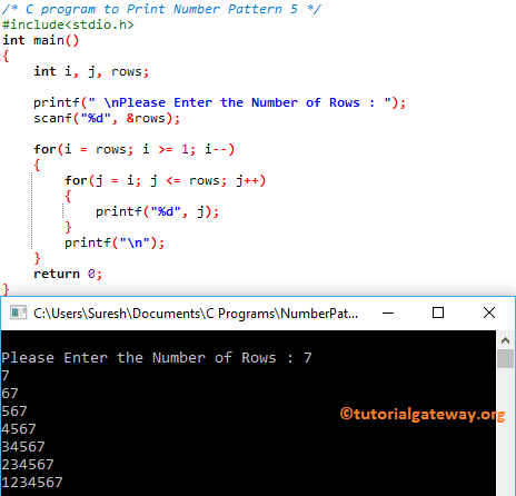 C program to Print Number Pattern 5 1