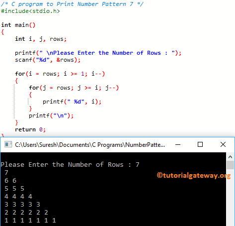 C program to Print Number Pattern 7 1