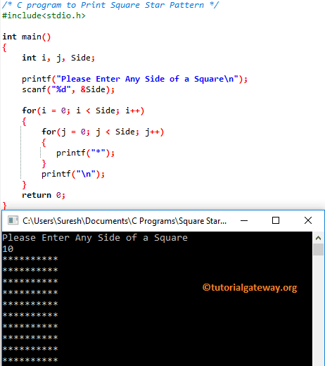 C program to Print Square Star Pattern 1