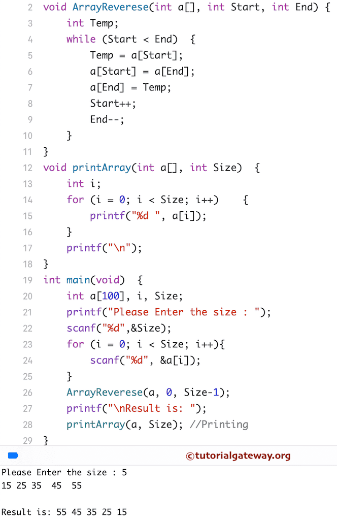 Program to Reverse an Array using Functions