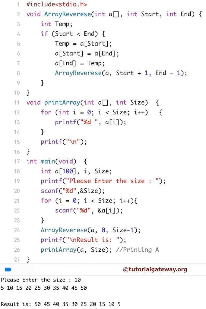 Program to Reverse an Array using Recursion