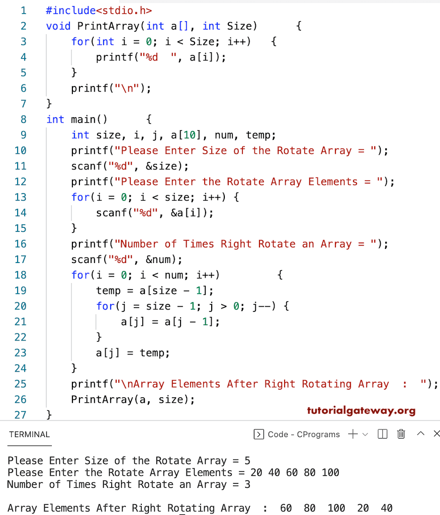 C Program to Right Rotate Array Elements