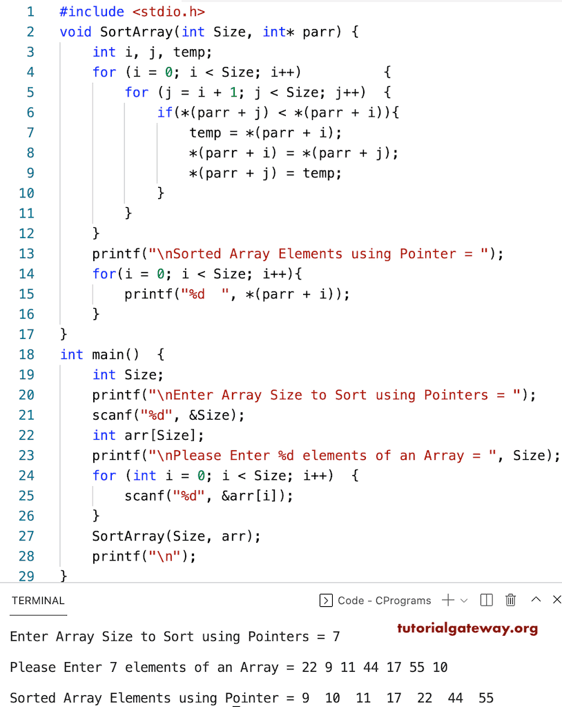 C Program to Sort an Array using a Pointer