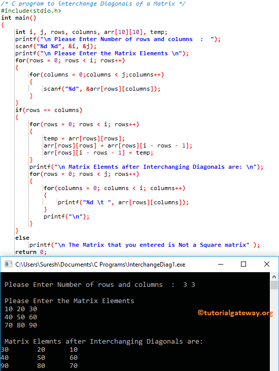 C program to interchange Diagonals of a Matrix 2