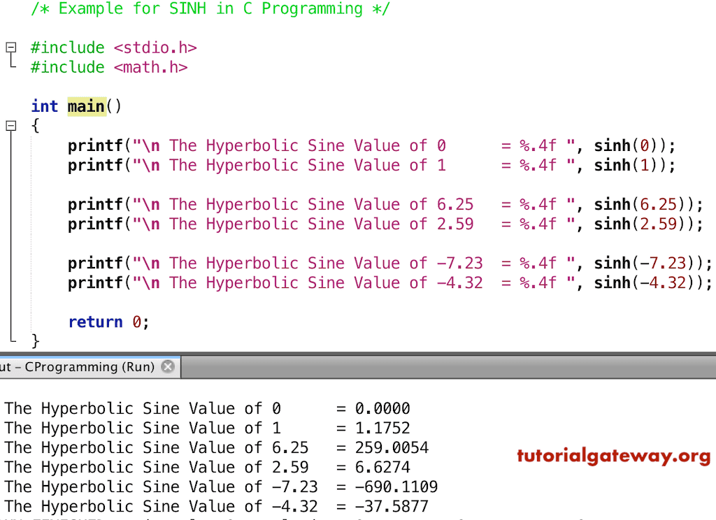 C sinh Function Example