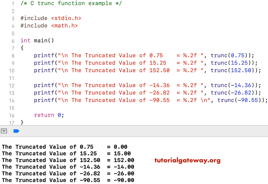 C trunc function to Truncate example