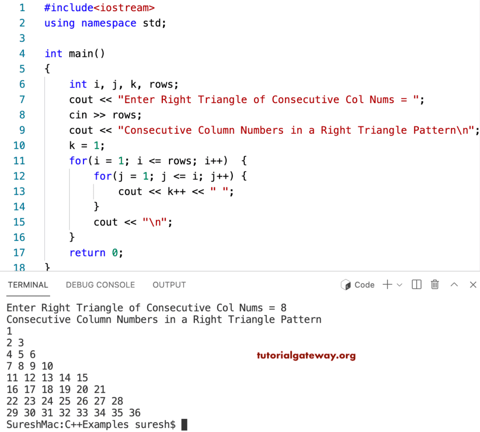 C++ Program to Print Consecutive Column Numbers in Right Triangle