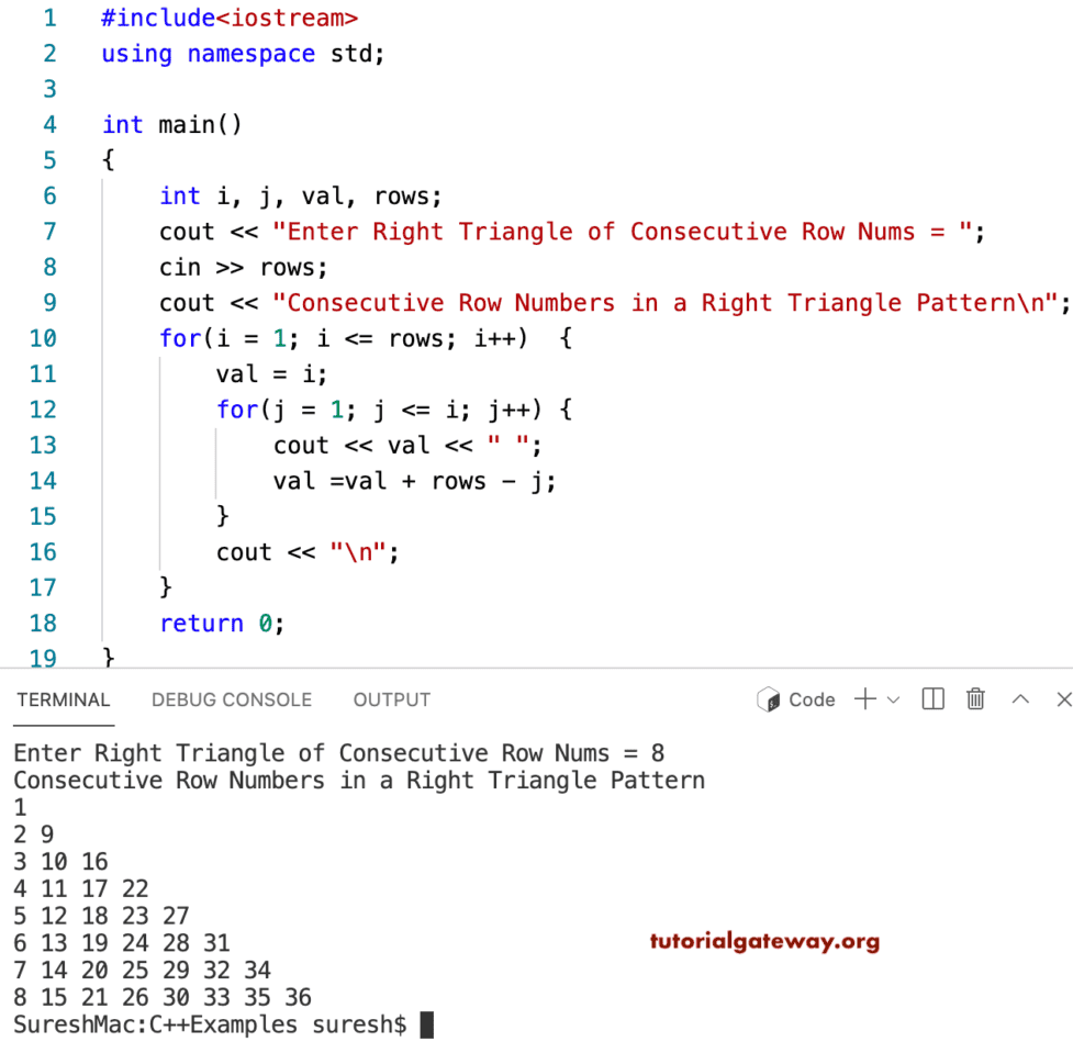 C++ Program to Print Consecutive Rows Numbers in Right Triangle