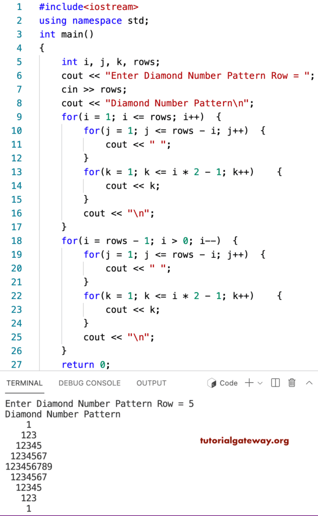 C++ Program to Print Diamond Number Pattern