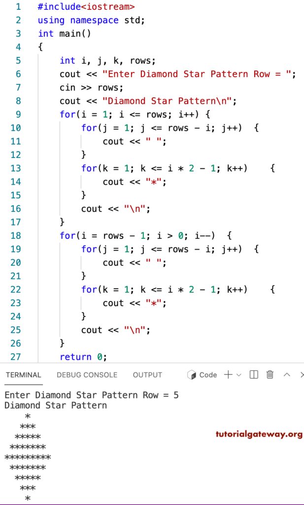 C++ Program to Print Diamond Star Pattern