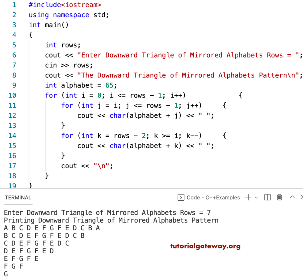 C++ Program to Print Downward Triangle Mirrored Alphabets Pattern