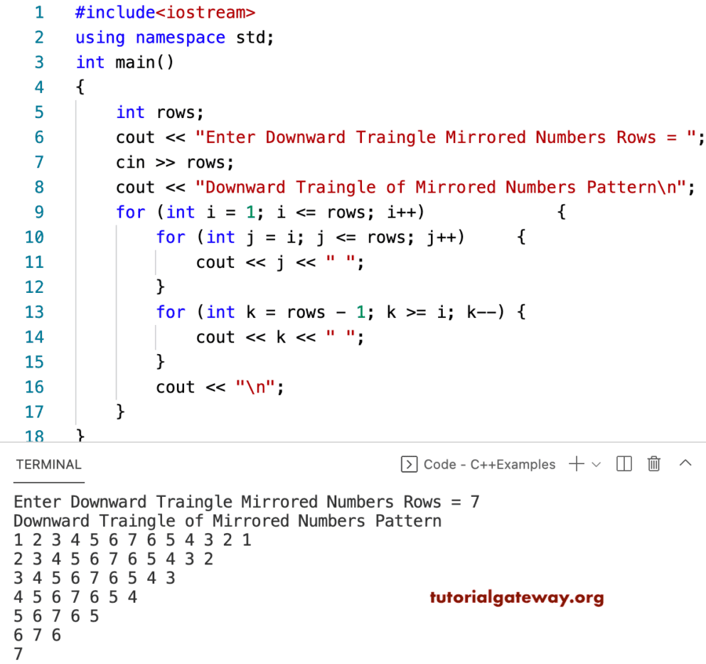C++ Program to Print Downward Triangle Mirrored Numbers Pattern