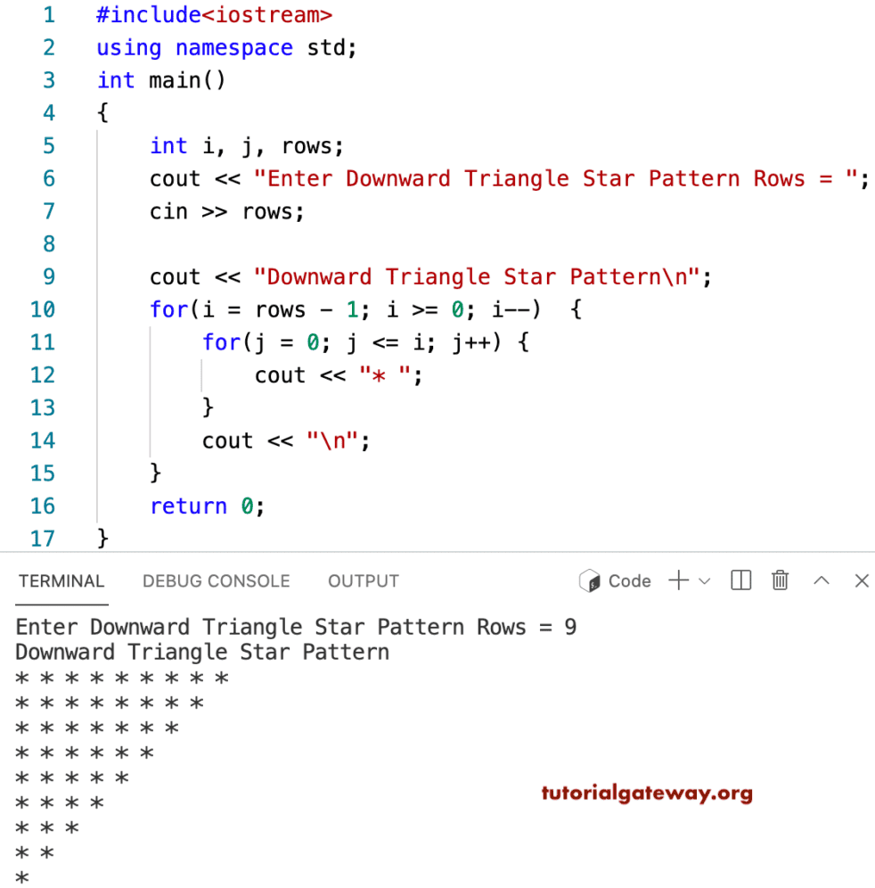 C++ Program to Print Downward Triangle Star Pattern