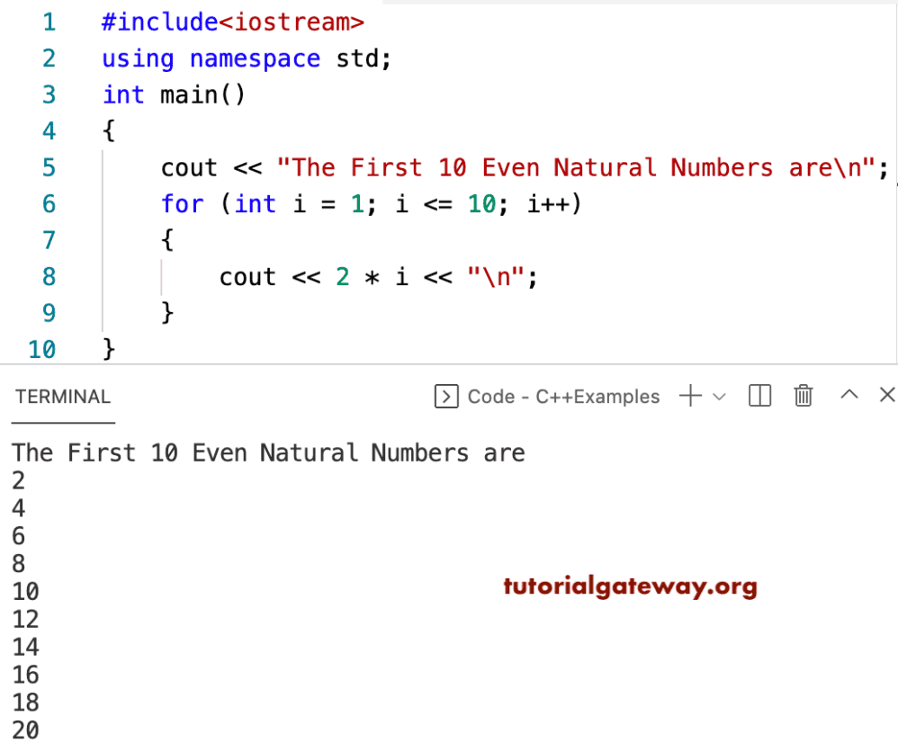 C++ Program to Print First 10 Even Natural Numbers
