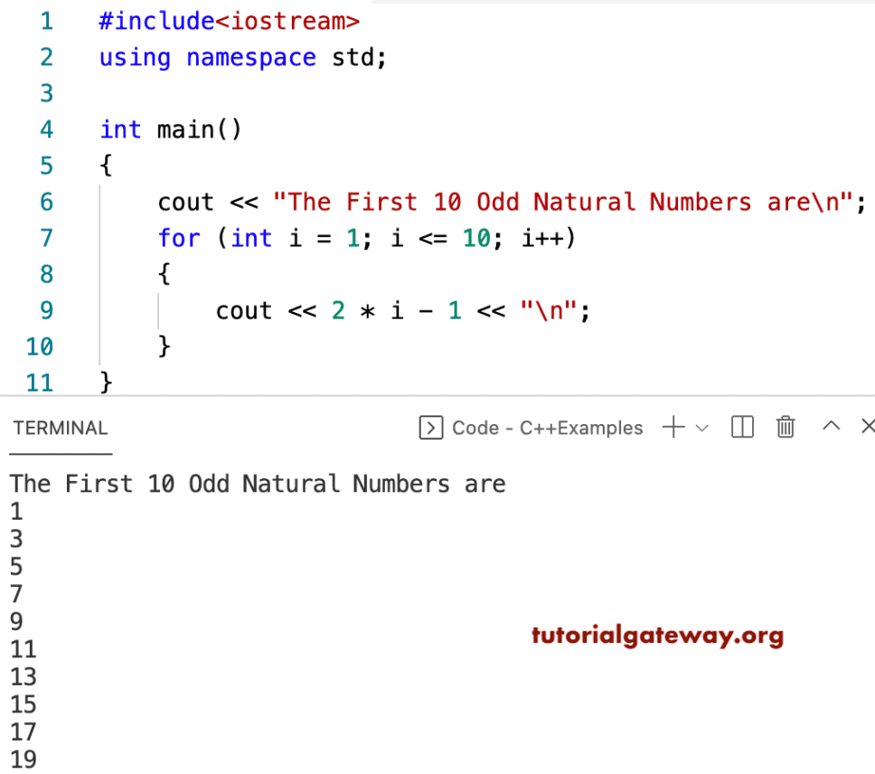 C++ Program to Print First 10 Odd Natural Numbers